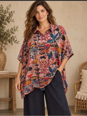 NATURAL LIFE Multi Floral Button-Down Relaxed Shirt (121267) ☀️ 🌼